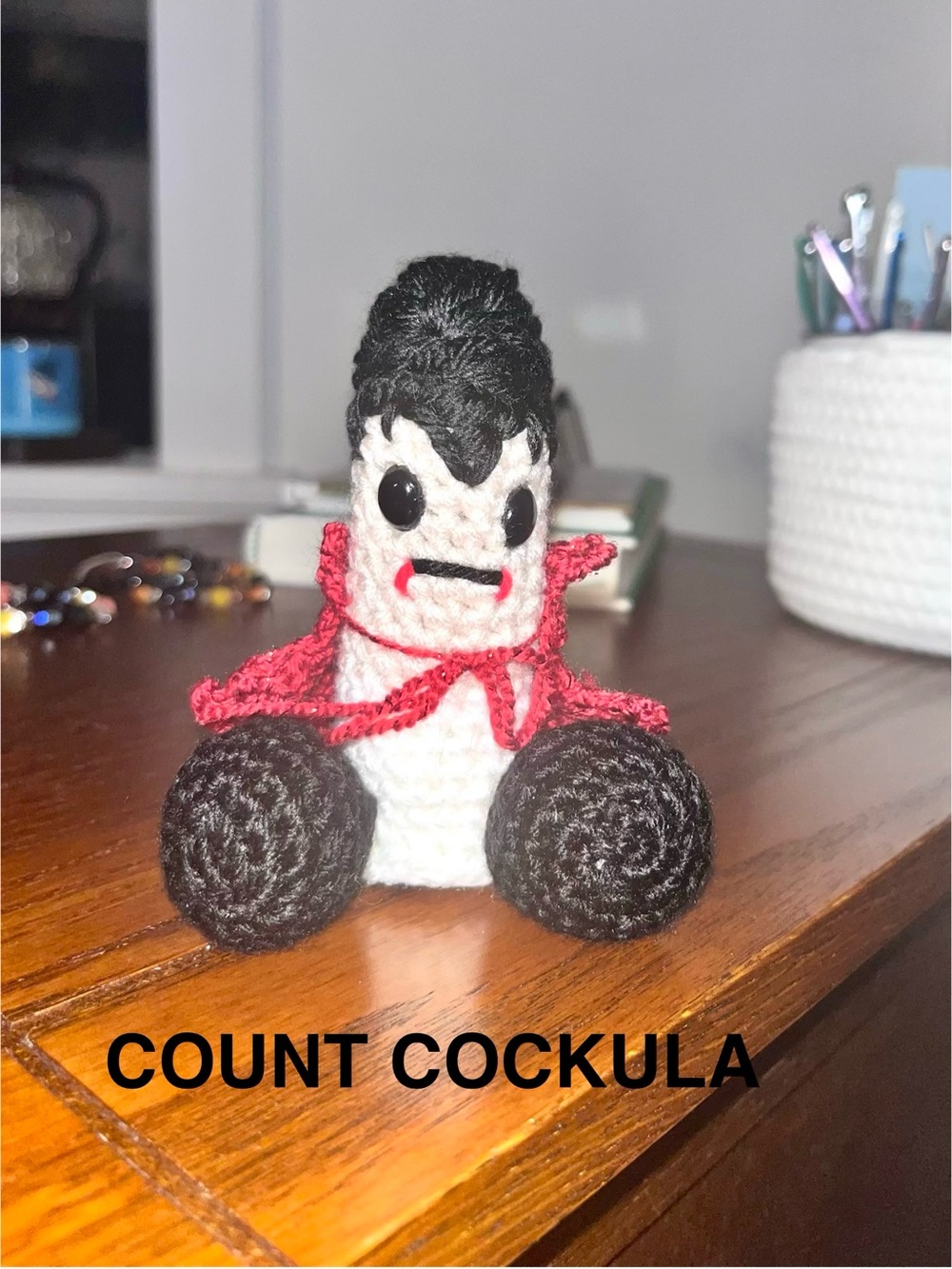 Handmade Crochet Vampire Plush Black, White & Red—-Halloweenies Count Cockula